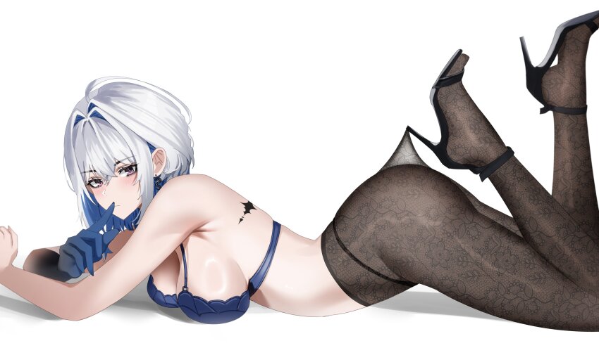 1girl absurdres ass bare_shoulders black_pantyhose black_shoes blue_bra blue_hair blue_hands bra breasts cleavage commentary earrings english_commentary finger_to_mouth from_side galbrena_(wuthering_waves) grey_hair hair_intakes high-waist_pantyhose high_heels highres hooked_on_heel jewelry lace_pantyhose_hooked_on_heel_(meme) large_breasts looking_at_viewer looking_to_the_side lying medium_hair meme on_stomach pantyhose ring_light_reflection shoes shushing sideboob sidelocks simple_background solo strappy_heels tacet_mark_(wuthering_waves) the_pose trixie_(trixiex33) underwear white_background wuthering_waves