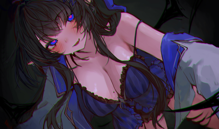 1girl babydoll black_hair blue_babydoll blue_eyes blue_nightgown blush breasts cleavage collarbone commentary ear_piercing english_commentary fang hair_ornament heart heart-shaped_pupils highres jacket large_breasts long_hair looking_at_viewer mole mole_on_breast naokomama nightgown open_clothes open_jacket open_mouth piercing pointy_ears rem_kanashibari sidelocks skin_fang solo strap_slip symbol-shaped_pupils v4mirai virtual_youtuber white_jacket