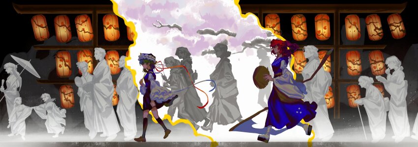 black_sandals black_socks blue_skirt blue_vest brown_shoes cherry_blossoms expressionless from_side full_body green_eyes green_hair guru.zong hat highres holding holding_scythe lantern long_sleeves onozuka_komachi paper_lantern puffy_sleeves red_eyes red_hair rod_of_remorse sandals scythe shiki_eiki shirt shoes skirt smile socks straw_hat touhou two_side_up vest white_shirt white_socks