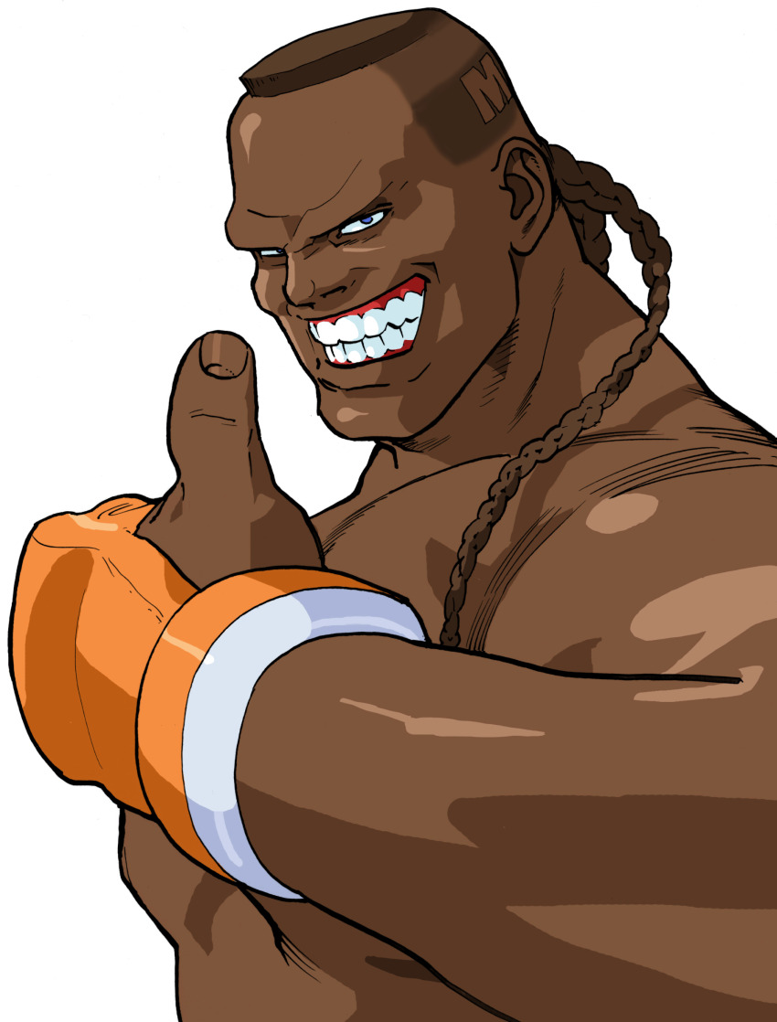 1boy absurdres bengus braid brown_hair crew_cut dark_skin dee_jay fingerless_gloves game_cg gloves grin highres looking_at_viewer male_focus mma_gloves muscular no_eyebrows non-web_source official_art open_mouth short_hair simple_background smile solo street_fighter street_fighter_zero_(series) thumbs_up topless_male white_background