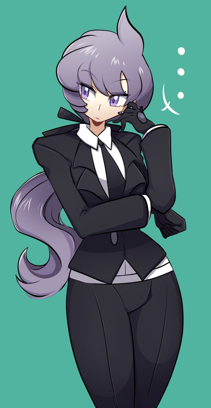 1girl absurdres anabel_(pokemon) black_gloves black_necktie closed_mouth collared_shirt formal_clothes gloves highres jacket long_hair long_sleeves missandydandy necktie nintendo pants pokemon pokemon_sm ponytail purple_eyes purple_hair shirt solo suit white_shirt