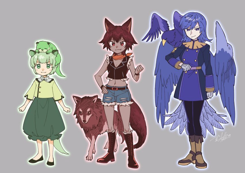 3girls animal animal_ears animal_on_arm animal_on_head bandana bandana_around_neck bird bird_girl bird_on_arm bird_tail bird_wings boots breasts cleavage eagle eagle_spirit_(touhou) fang grey_background highres humanization multiple_girls on_head otter otter_ears otter_girl otter_spirit_(touhou) shikido_(khf) short_shorts shorts tail touhou wily_beast_and_weakest_creature wings wolf wolf_ears wolf_girl wolf_spirit_(touhou) wolf_tail