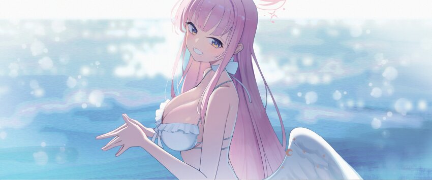 1girl :d absurdres angel_wings back bare_shoulders bikini blue_archive blunt_bangs blurry bokeh breasts choker cleavage day depth_of_field feathered_wings frilled_bikini frills from_side front-tie_bikini_top front-tie_top gradient_halo halo hand_up highres large_breasts long_hair looking_at_viewer low_wings mika_(blue_archive) mika_(swimsuit)_(blue_archive) multi-strapped_bikini_bottom multi-strapped_bikini_top multicolored_halo ocean official_alternate_costume official_alternate_hairstyle open_mouth outdoors own_hands_together pink_hair pink_halo rafrog ribbon_choker sidelocks smile solo stomach sunlight swimsuit upper_body very_long_hair white_bikini white_choker white_wings wing_ornament wings yellow_eyes
