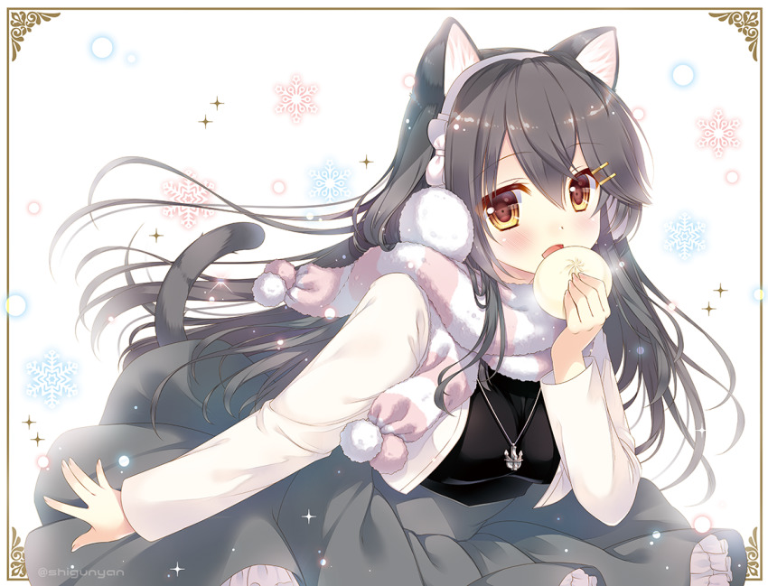 1girl :d animal_hair steamed_bun black_shirt breasts brown_eyes cat_tail earmuffs food grey_hair grey_skirt haruna_(kancolle) haruna_(mitsukoshi)_(kancolle) holding holding_food jacket jewelry kantai_collection large_breasts long_hair looking_at_viewer necklace official_alternate_costume open_mouth revision scarf shigunyan shirt simple_background skirt smile solo tail twitter_username white_background white_jacket white_scarf