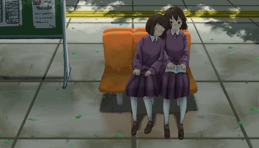 2girls bench black_eyes black_hair book book_on_lap bulletin_board closed_eyes flyer hands_on_lap highres leaf leaning_on_person loafers long_sleeves matching_outfits multiple_girls original pantyhose purple_skirt shoes siblings sitting skirt sleeping train_station twins white_pantyhose yoshiryuu