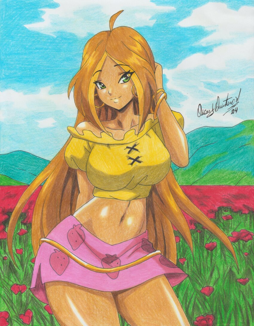 1girl absurdres bare_shoulders commission dark-skinned_female dark_skin earrings flora_(winx_club) flower green_eyes highres jewelry light_brown_hair long_hair midriff navel outdoors pink_skirt ravernclouk_design rose skirt traditional_media winx_club