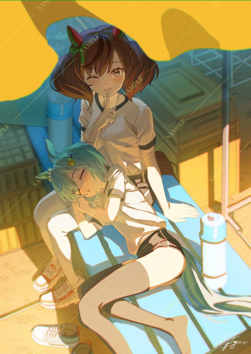 2girls ;) animal_ears aqua_hair bench black_buruma black_thighhighs brown_eyes brown_hair buruma commentary_request ear_covers finger_to_mouth gym_shirt hair_between_eyes hair_ornament hairclip highres horse_ears horse_girl horse_tail jdge lap_pillow light_blush looking_at_viewer lying medium_hair multiple_girls nice_nature_(umamusume) on_side one_eye_closed open_mouth outdoors parasol sample_watermark seiun_sky_(umamusume) shade shirt shoes short_hair short_sleeves shushing signature sitting sleeping smile sneakers tail thermos thighhighs umamusume umbrella unworn_shoes watermark white_shirt