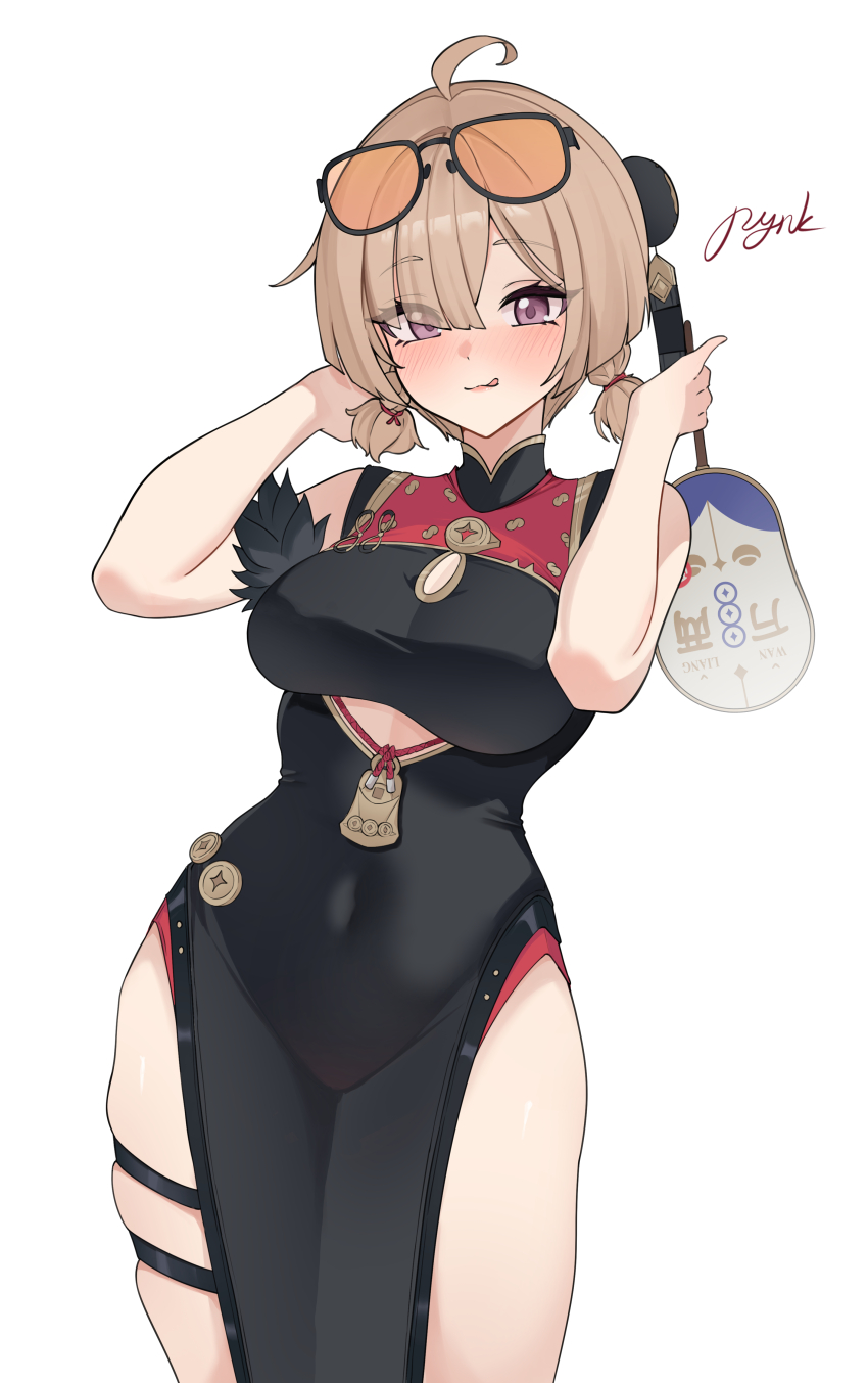 1girl :q absurdres ahoge black_dress blush breasts brown_hair china_dress chinese_clothes clothing_cutout commentary covered_navel cowboy_shot cutout_above_navel dress eyes_visible_through_hair eyewear_on_head hair_over_one_eye hand_fan highres holding holding_fan large_breasts looking_at_viewer low_twintails orange-tinted_eyewear pelvic_curtain purple_eyes pynkmouth short_twintails signature simple_background skindentation sleeveless sleeveless_dress solo standing sunglasses sweety_(zenless_zone_zero) thigh_strap tinted_eyewear tongue tongue_out tuanshan twintails underboob_cutout white_background zenless_zone_zero