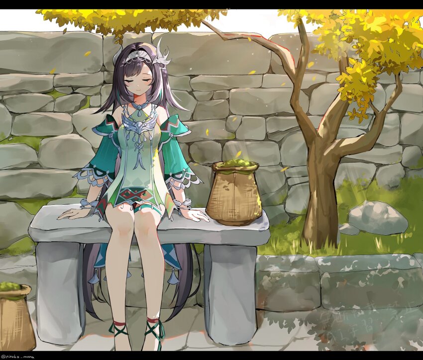 1girl arm_support bare_shoulders basket bench bird_hair_ornament black_border black_hair border bracelet closed_eyes closed_mouth commentary_request day detached_sleeves dress genshin_impact grass green_dress hair_ornament highres jewelry lan_yan_(genshin_impact) leaf long_hair necklace nirako_mona outdoors rock silver_bracelet silver_hairband sitting solo stone_bench stone_wall thigh_marking tree twitter_username very_long_hair