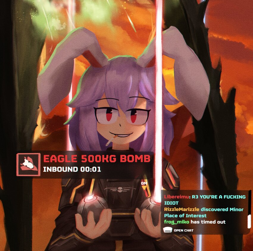 1girl absurdres animal_ears armor black_armor breastplate chat_log cigarette commentary cosplay english_commentary english_text explosion grin hair_between_eyes helldiver_(helldivers) helldiver_(helldivers)_(cosplay) helldivers_(series) highres lad_der laser long_hair looking_at_viewer orange_sky pauldrons profanity purple_hair rabbit_ears rabbit_girl red_eyes reisen_udongein_inaba shoulder_armor sky smile solo stratagem_(helldivers) touhou upper_body