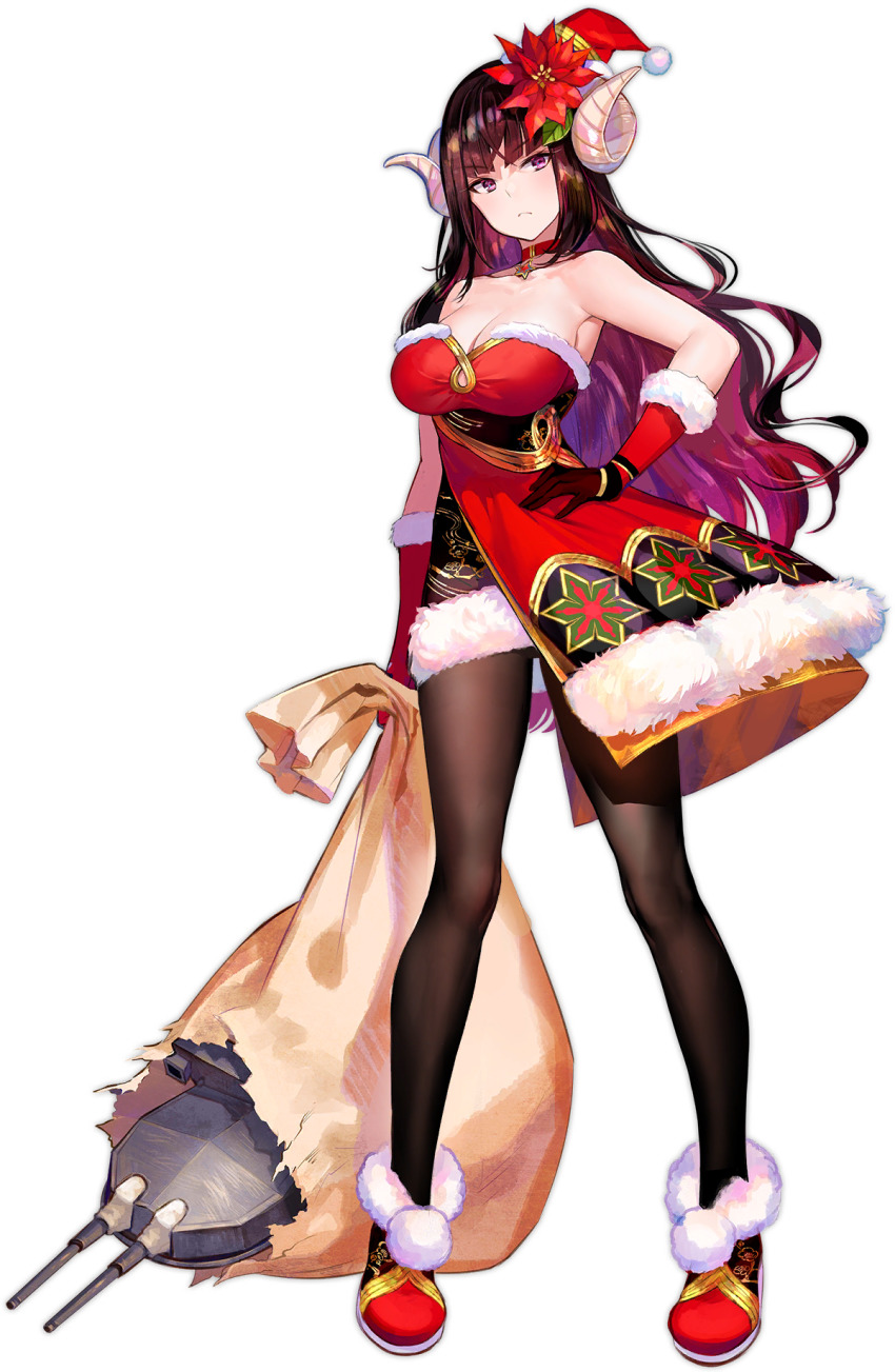 1girl armpits azur_lane bare_shoulders black_hair black_pantyhose blunt_bangs breasts choker cleavage closed_eyes closed_mouth curled_horns dress flower frown fur-trimmed_dress fur-trimmed_gloves fur_trim fuzichoco gloves hair_flower hair_ornament hand_on_own_hip hat highres horns house large_breasts long_hair multicolored_hair official_alternate_costume official_art open_mouth pantyhose pink_hair red_flower santa_hat standing strapless strapless_dress suruga_(azur_lane) suruga_(uneventful_holiday_greetings)_(azur_lane) transparent_background two-tone_hair