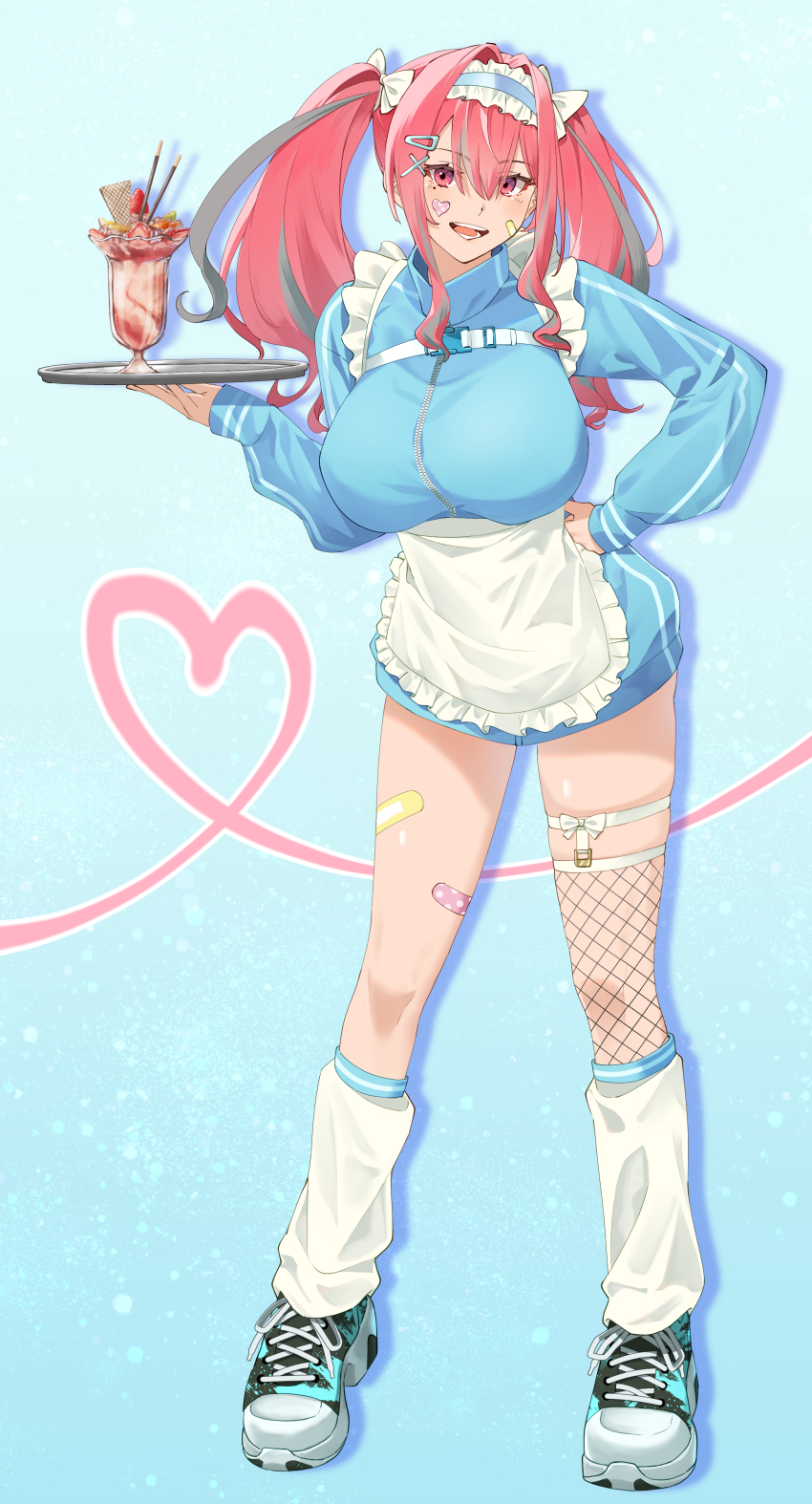 1girl absurdres apron azur_lane bandaid bandaid_on_cheek bandaid_on_face bandaid_on_leg blue_background blue_hairband blue_jacket blush bow breasts bremerton_(azur_lane) chest_belt commentary cookie cup fishnet_thighhighs fishnets food frilled_apron frills fruit green_shoes grey_hair hair_bow hair_intakes hair_ornament hairband hairclip heart highres holding holding_tray huge_breasts jacket jersey_maid kento_(kentdrawing) leg_warmers legwear_garter long_hair long_sleeves looking_at_viewer maid maid_apron mole mole_under_eye multicolored_hair open_mouth parfait pink_bandaid pink_eyes pink_hair pocky polka_dot shoes single_thighhigh sleeves_past_wrists smile sneakers solo strawberry streaked_hair teeth thigh_bow thighhighs thighs tray twintails two-tone_hair unconventional_maid waist_apron white_apron white_bow white_leg_warmers zipper