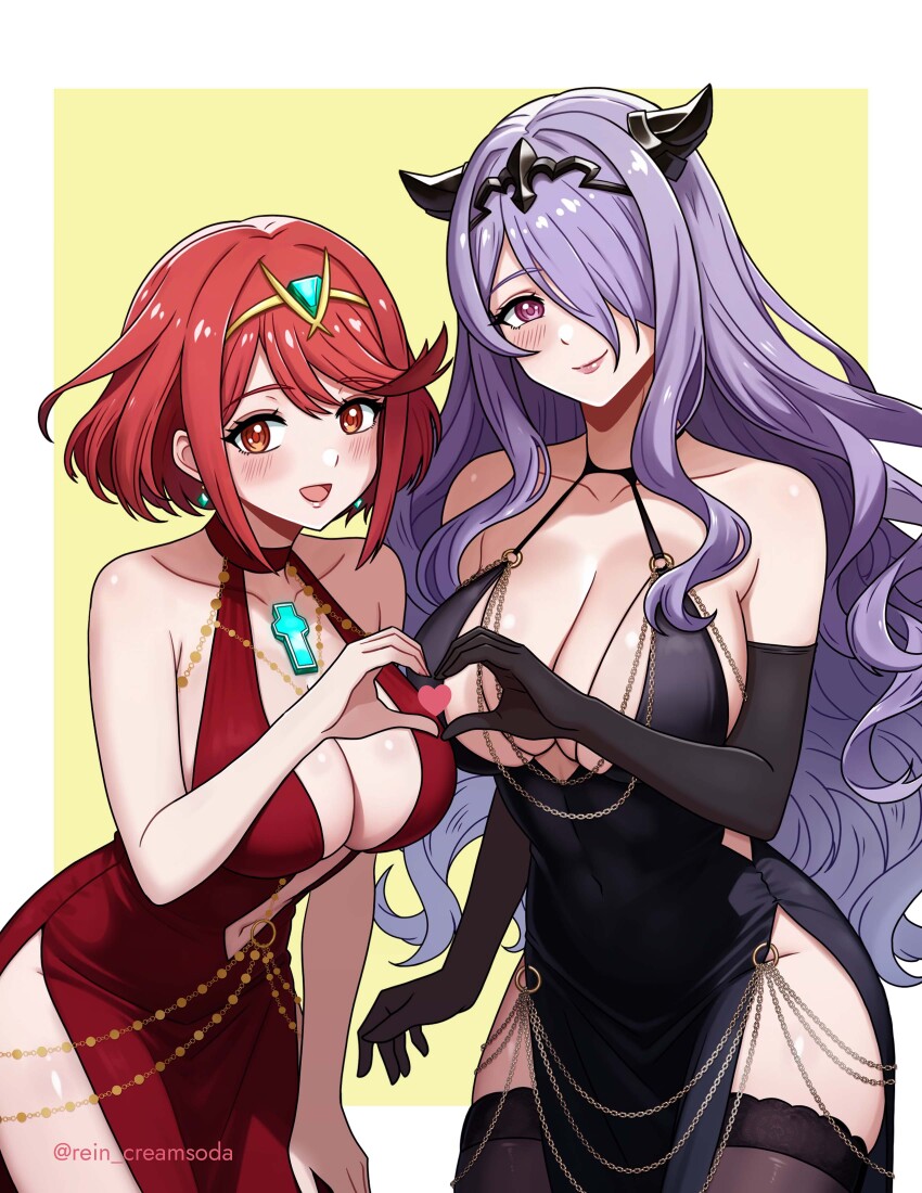 2girls absurdres blush breasts camilla_(fire_emblem) chest_jewel cleavage dress fire_emblem fire_emblem_fates fire_emblem_heroes gloves hair_ornament hair_over_one_eye headpiece highres large_breasts long_hair looking_at_viewer multiple_girls navel nintendo open_mouth purple_eyes purple_hair pyra_(xenoblade) red_hair rein_creamsoda smile swept_bangs tiara very_long_hair wavy_hair xenoblade_chronicles_(series) xenoblade_chronicles_2
