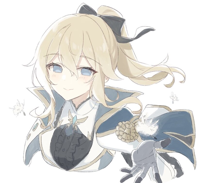 1girl black_bow blonde_hair blue_eyes bow capelet center_frills closed_mouth dandelion_seed frills genshin_impact hair_between_eyes hair_bow jean_(genshin_impact) jean_(gunnhildr&#039;s_legacy)_(genshin_impact) looking_at_viewer open_hand ponytail shirase_(shirose) sidelocks simple_background solo upper_body white_background