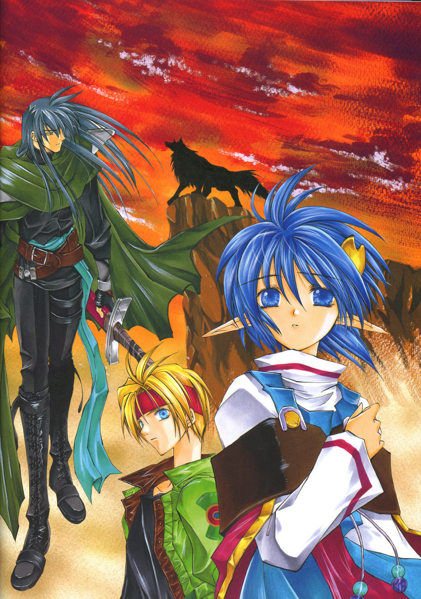 00s 1990s_(style) 1girl 2boys azuma_mayumi blue_eyes blue_hair boots cape claude_c._kenny crescent crescent_hair_ornament dias_flac hair_ornament highres knee_boots multiple_boys pointy_ears rena_lanford retro_artstyle scan star_ocean star_ocean_ex star_ocean_the_second_story sword weapon wolf