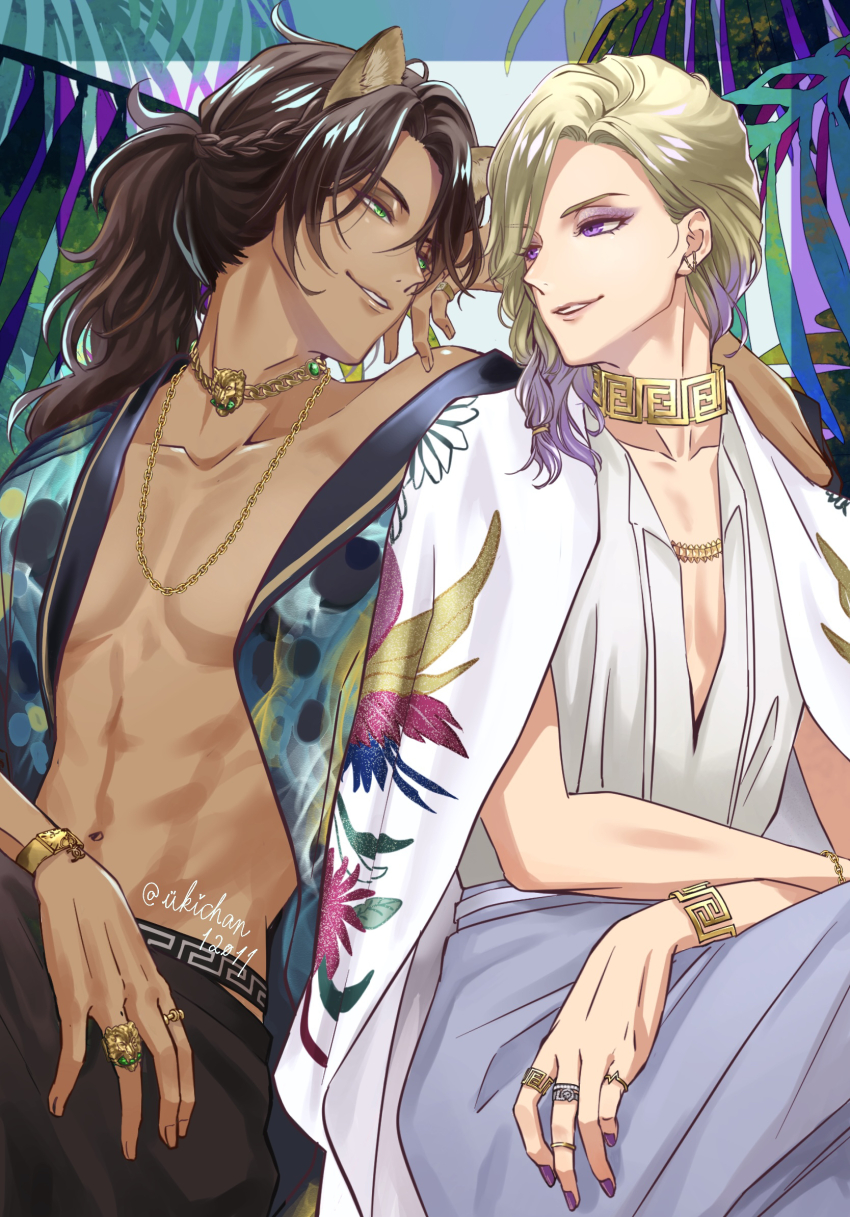 2boys animal_ears blonde_hair brown_hair dark-skinned_male dark_skin elbow_on_another&#039;s_shoulder eye_contact gradient_hair green_eyes highres jewelry leona_kingscholar lion_boy lion_ears long_hair looking_at_another looking_at_viewer male_focus multicolored_hair multiple_boys multiple_rings neck_ring necklace plunging_neckline ponytail purple_eyes purple_hair ring sitting toned toned_male twisted_wonderland ukichan12011 vil_schoenheit yaoi