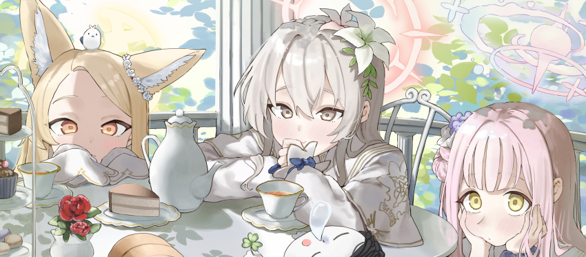 3girls absurdres animal_ear_fluff animal_ears bird black_scrunchie blonde_hair blue_archive blue_halo cake cake_slice capelet cross_halo cup ear_wreath elbows_on_table extra_ears flower food forehead fox_ears fox_girl gradient_halo grey_eyes grey_hair hair_bun hair_flower hair_ornament halo hanakonenne hands_on_own_cheeks hands_on_own_face head_rest highres long-tailed_tit long_hair long_sleeves looking_at_viewer mika_(blue_archive) multicolored_halo multiple_girls nagisa_(blue_archive) pink_hair pink_halo scrunchie seia_(blue_archive) single_side_bun sleeves_past_fingers sleeves_past_wrists swiss_roll table tea_party tea_party_(blue_archive) tea_set teacup teapot tiered_tray tit_(bird) white_capelet white_flower wrist_scrunchie yellow_eyes yellow_halo