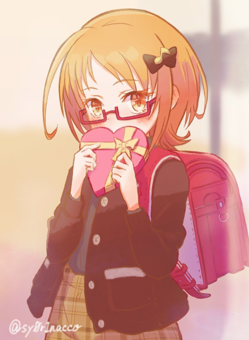 1girl bag black_jacket black_shirt blush box box_of_chocolates brown_eyes brown_hair brown_skirt commentary_request glasses hair_ornament hairclip highres holding holding_box jacket long_sleeves open_clothes open_jacket precure red-framed_eyewear red_bag school_bag semi-rimless_eyewear shirabe_ako shirt shorin_(sy0r1nacco) short_hair skirt solo suite_precure twitter_username valentine