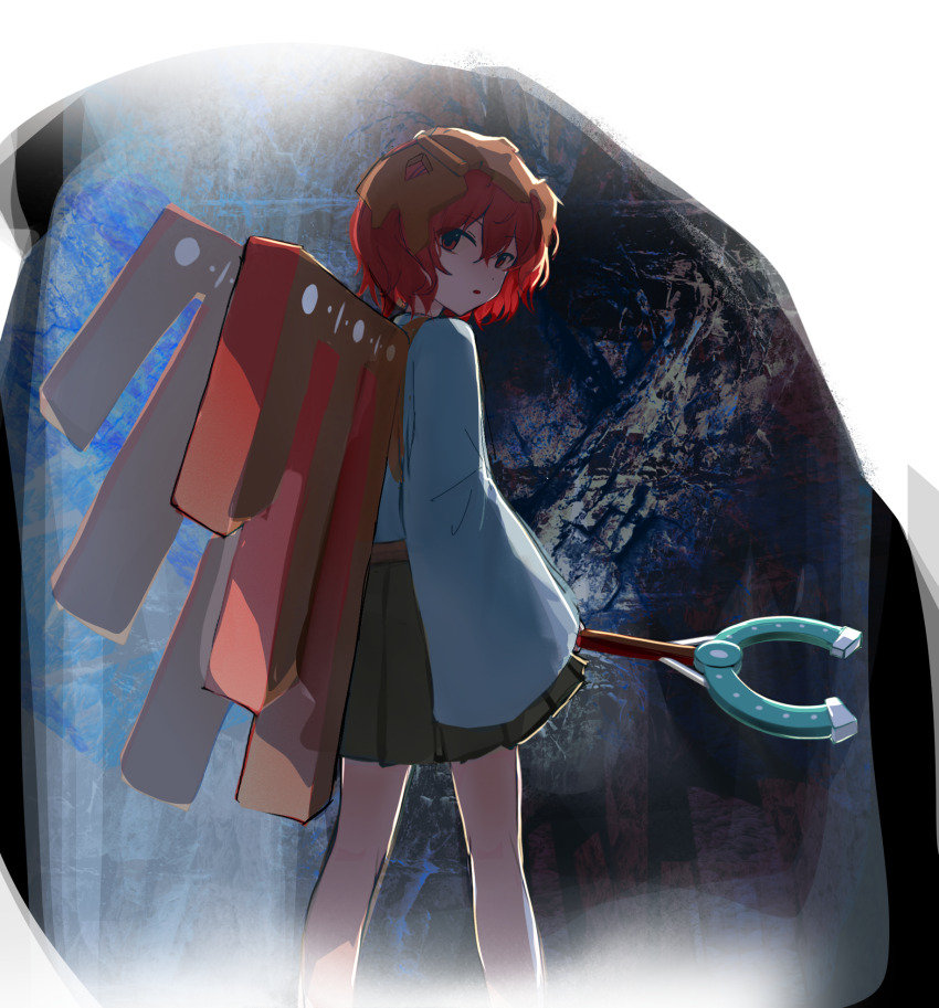 1other androgynous artificial_wings bare_legs blue_kimono brown_hakama brown_helmet brown_wings cave euthan expressionless feet_out_of_frame hair_between_eyes hakama hakama_short_skirt hakama_skirt helmet highres holding holding_toy japanese_clothes katano_sukune kimono len&#039;en long_sleeves looking_at_viewer looking_back other_focus parted_lips reactivate_majestical_imperial red_eyes red_hair short_hair skirt sleeves_past_fingers sleeves_past_wrists solo standing toy wide_sleeves wings
