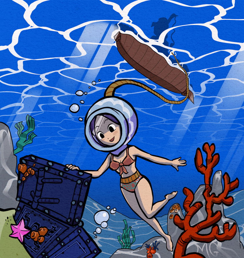 1girl barefoot bikini black_eyes blush_stickers boat coral diving_helmet female_focus helmet highres mario_grant md5_mismatch nintendo purple_hair solo sue-belle swimsuit the_legend_of_zelda the_legend_of_zelda:_the_wind_waker treasure_chest underwater watercraft