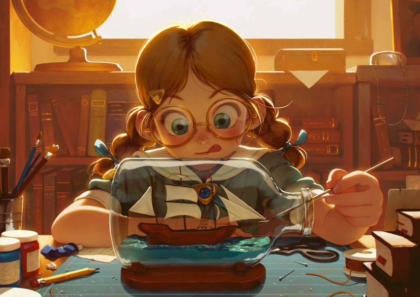 1girl :p alkemanubis backlighting blue_eyes blush book book_stack bookshelf bottle braid brown_hair child commentary concentrating day english_commentary facing_viewer female_focus full-face_blush glasses globe hair_ornament highres indoors long_hair low_twintails original paintbrush parted_bangs pencil pin room roomscape round_eyewear sailor_collar school_uniform serafuku ship ship_in_a_bottle solo tongue tongue_out triangle_hair_ornament twin_braids twintails watercraft window