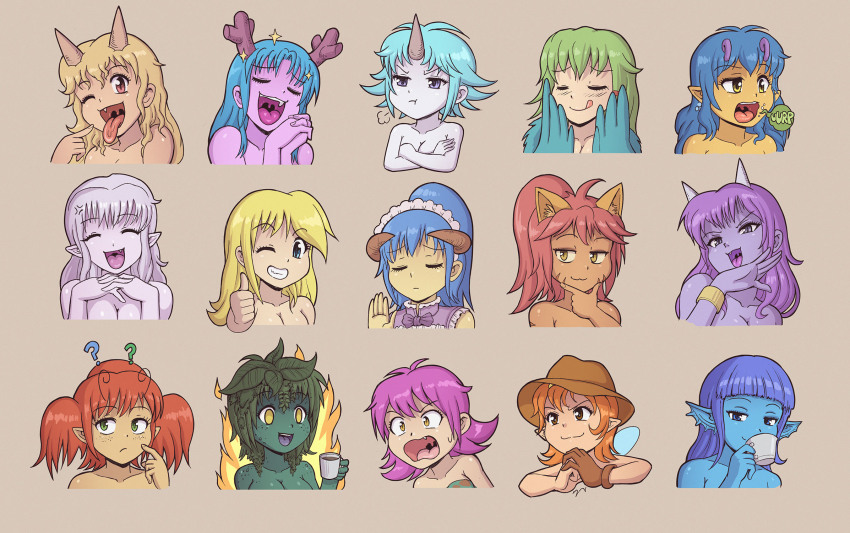 6+girls anko_(karbo) anna_(karbo) arale_(felarya) ashmet bare_shoulders blonde_hair blue_hair blue_skin breasts caylin_(karbo) chalyss_(felarya) cleavage closed_eyes colored_skin crisis cup drayla fang felarya green_eyes green_hair green_skin grin harpy hat highres horns karbo liri_(karbo) medium_breasts melany_(karbo) menyssan monster_girl mug multiple_girls nude orange_hair pale_skin pink_hair pointy_ears pout purple_hair purple_skin small_breasts smile subeta temi thumbs_up vivian_(karbo)
