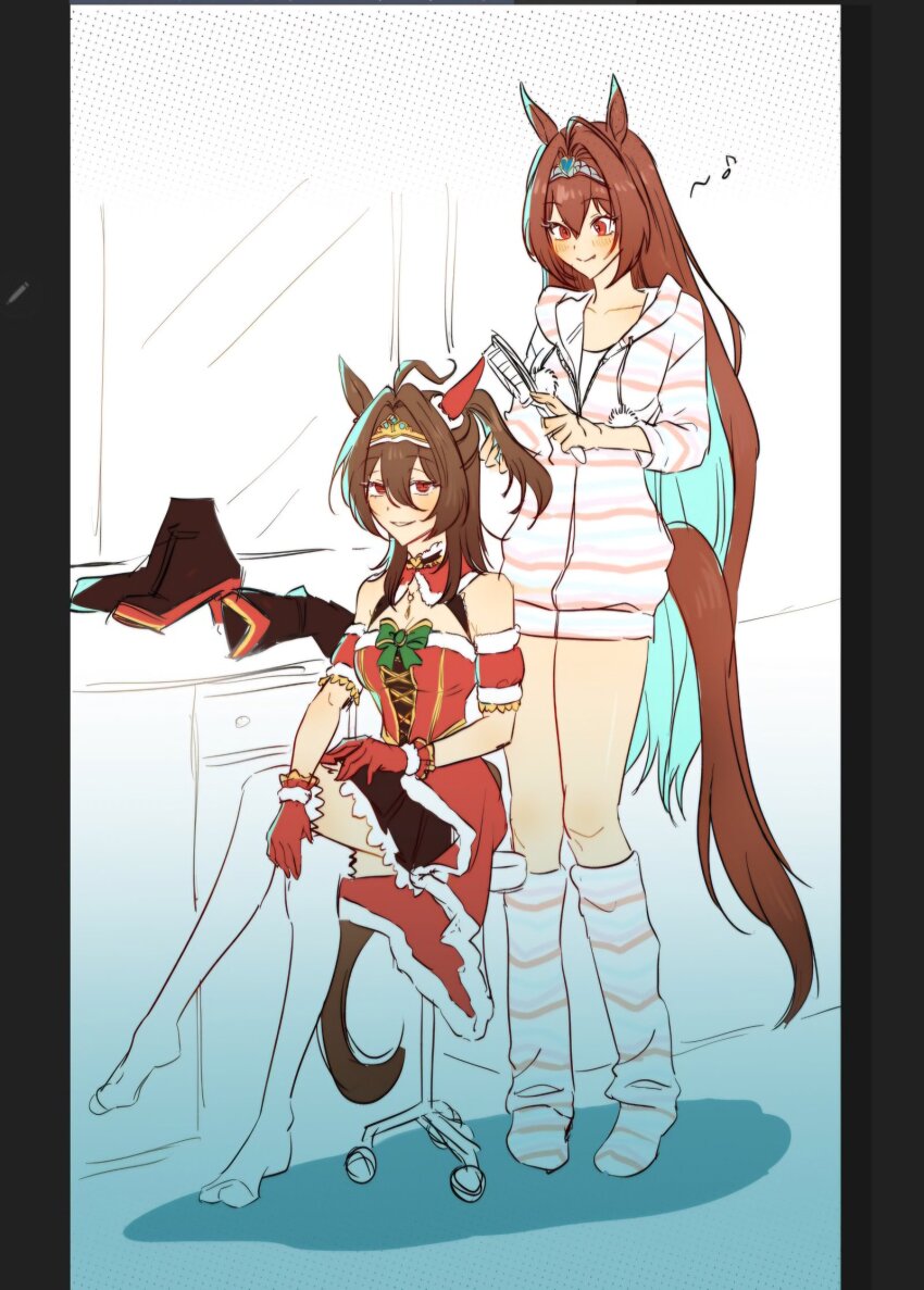 2girls agnes_tachyon_(umamusume) ahoge animal_ears arm_strap black_skirt brown_hair brushing_another&#039;s_hair brushing_hair cleaning_brush closed_mouth collarbone daiwa_scarlet_(umamusume) dress ear_covers fur-trimmed_dress fur-trimmed_gloves fur_trim gloves hair_intakes highres holding holding_brush hood hooded_jacket horse_ears horse_girl horse_tail jacket long_hair long_sleeves loose_socks mirror multiple_girls musical_note muyo_aaa pleated_skirt red_dress red_gloves santa_costume shirt single_ear_cover sitting skirt smile socks strapless strapless_dress striped_clothes striped_jacket striped_socks tail thighhighs umamusume very_long_hair white_jacket white_shirt white_socks white_thighhighs yuri