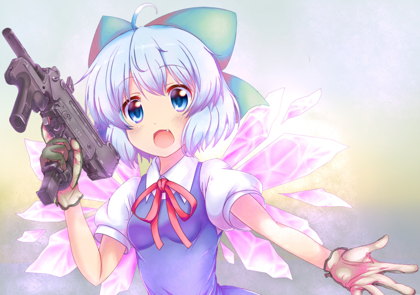 1girl ahoge blue_eyes blue_hair bow cirno em_s fang female_focus gloves gun hair_bow holding holding_gun holding_weapon looking_at_viewer machine_pistol matching_hair/eyes minebea_pm-9 ribbon short_hair solo submachine_gun touhou trigger_discipline weapon wings