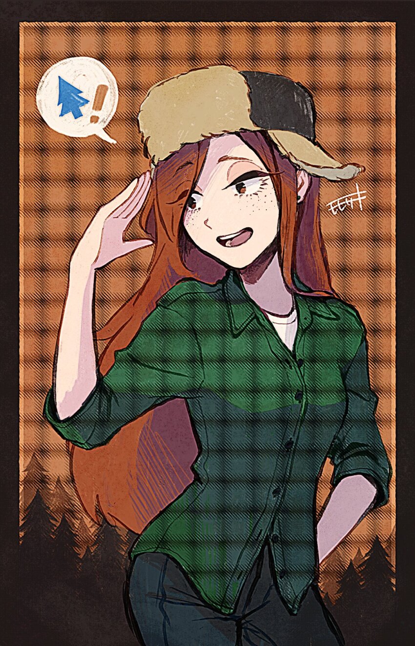 1girl black_pants brown_eyes brown_hair buttons collared_shirt cowboy_shot eyelashes freckles gravity_falls green_shirt hat highres long_hair long_sleeves momosaki_hiromu open_mouth pants pine_tree plaid_clothes plaid_shirt shirt solo speech_bubble spoken_object tree undershirt ushanka wendy_corduroy
