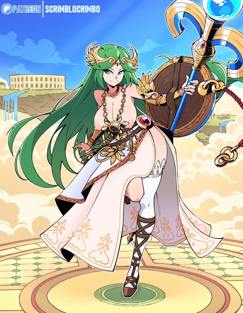 1girl absurdres ancient_greek_clothes armlet artist_name bare_shoulders belt breasts chain chiton circlet collarbone commentary dress forehead_jewel gold gold_chain greco-roman_clothes green_eyes green_hair highres holding holding_staff jewelry kid_icarus kid_icarus_uprising large_breasts laurel_crown long_hair multiple_belts neck_ring nintendo nipples paid_reward_available palutena parted_bangs patreon_logo pendant scrimblocrimbo side_slit single_thighhigh smile solo staff strapless strapless_dress thighhighs tiara vambraces very_long_hair white_dress white_thighhighs