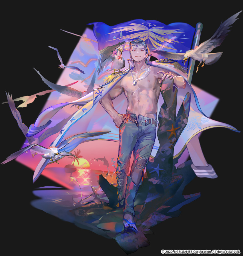 1boy absurdres animal animal_on_shoulder belt bird bird_on_shoulder coat coat_on_shoulders unworn_coat dolphin earrings closed_eyes eyewear_on_head flag flip-flops hero_cantare highres jewelry leenim looking_at_viewer male_focus muscular muscular_male navel necklace nipples official_art open_pants pants red_eyes sandals scenery topless_male short_hair smile solo splashing sunglasses sunset swim_cap torn_clothes torn_pants tower_of_god urek_mazino water white_hair