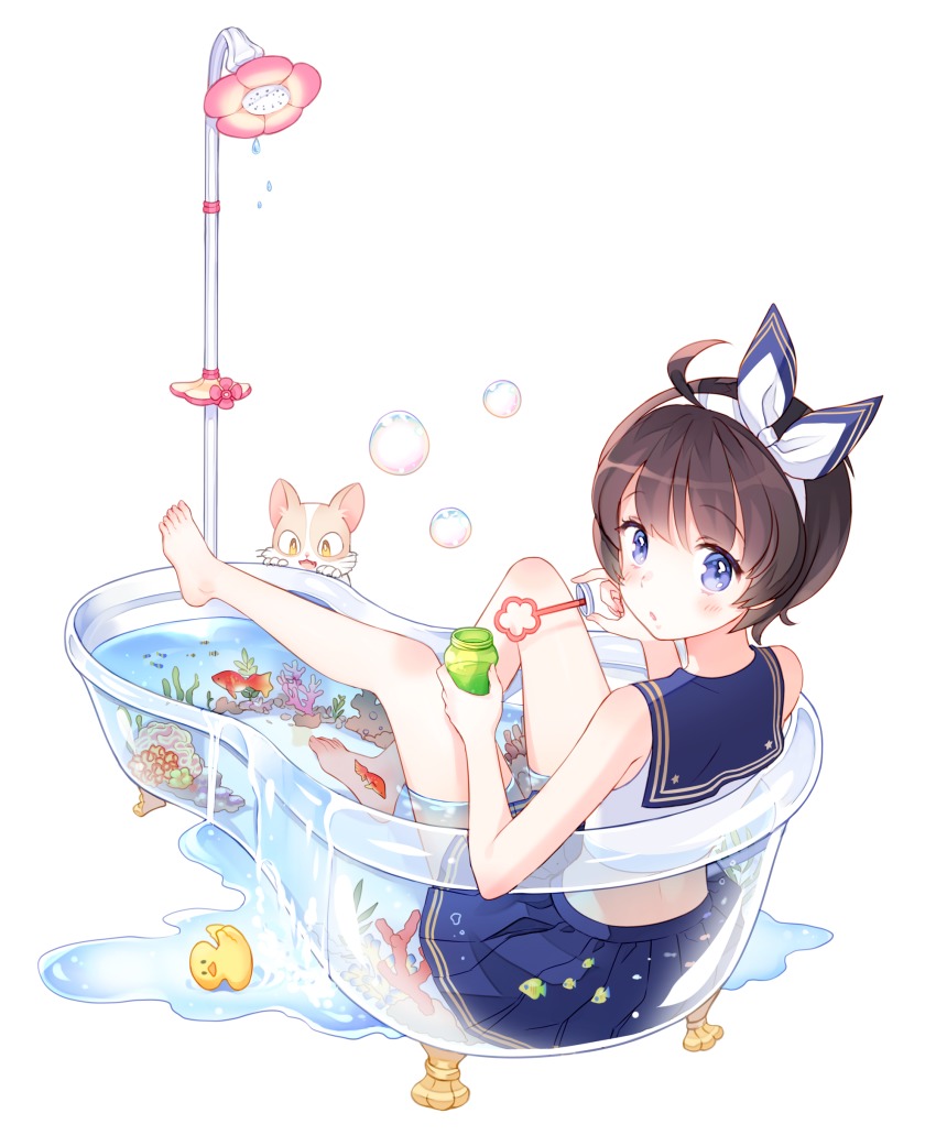 1girl absurdres ahoge animal bad_id bad_pixiv_id bare_shoulders barefoot bathtub blue_eyes blue_sailor_collar blush brown_hair cat claw_foot_bathtub female_focus fish hair_ribbon hairband highres jitter legs looking_back original pleated_skirt ribbon sailor_collar school_uniform serafuku short_hair shower_head showering simple_background sitting skirt solo white_background