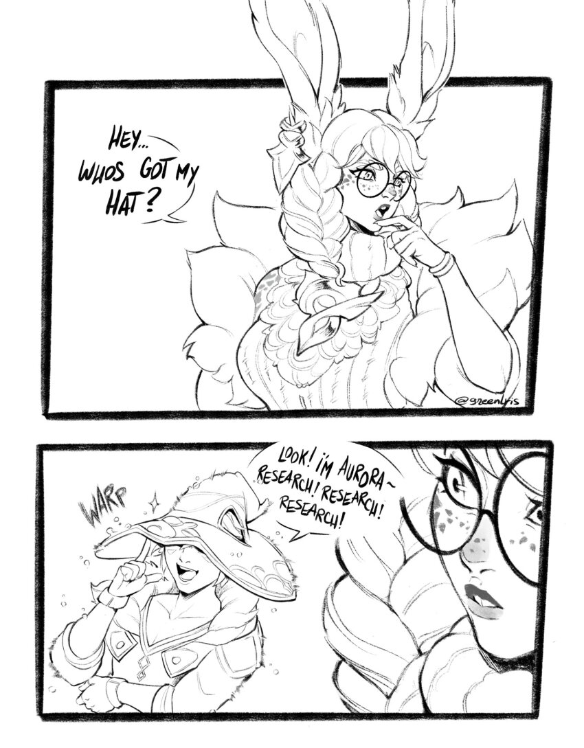 1boy 1girl :d :o animal_ears artist_name aurora_(league_of_legends) braid breasts collarbone cropped_torso english_text ezreal freckles glasses green_(greeniris) hat highres large_breasts league_of_legends long_sleeves looking_to_the_side open_mouth rabbit_ears rabbit_girl round_eyewear smile sparkle speech_bubble teeth upper_body upper_teeth_only white_background witch_hat