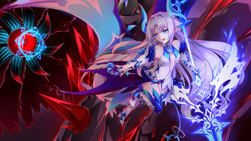 1girl absurdres armored_boots bai_yaxiang_zi bare_shoulders boots breasts cleavage collarbone detached_sleeves elsword energy_weapon fur_trim gauntlets highres horns huge_filesize ishtar_(elsword) luciela_r._sourcream star-shaped_pupils star_(symbol) symbol-shaped_pupils tail wings