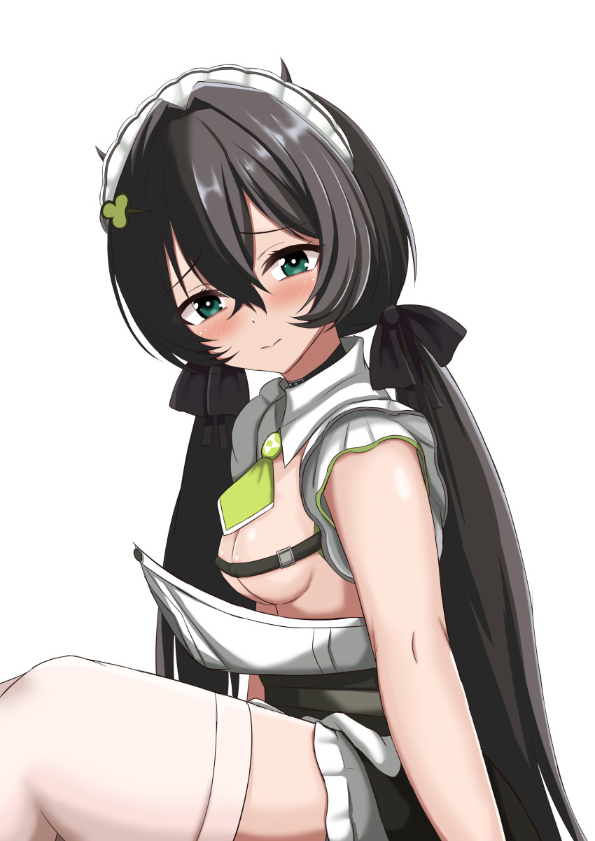 1girl absurdres ascot black_hair blue_eyes blush breasts closed_mouth commentary_request goddess_of_victory:_nikke green_ascot highres long_hair looking_at_viewer low_twintails maid maid_headdress shinonome_kon_(sino_kon) simple_background small_breasts solo thighhighs trony_(nikke) trony_(sweet_step)_(nikke) twintails virtual_youtuber white_background white_thighhighs