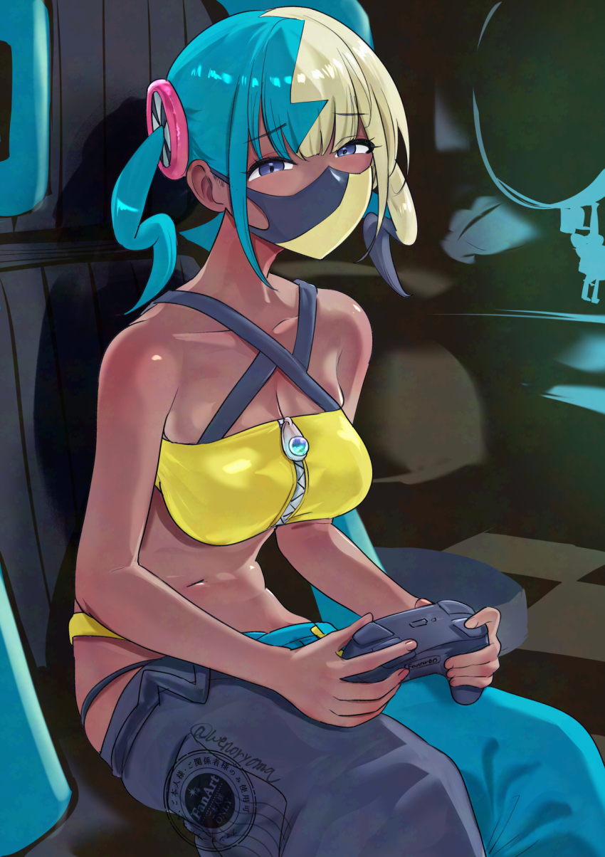 1girl aqua_hair bandeau blonde_hair blue_eyes breasts canari_(pokemon) chair cleavage collarbone controller dark-skinned_female dark_skin game_controller gaming_chair highres holding holding_controller holding_game_controller looking_at_viewer mask medium_breasts midriff mouth_mask multicolored_hair navel nintendo pants playing_games pokemon pokemon_legends:_z-a solo split-color_hair stomach swivel_chair two-tone_pants uenoryoma yellow_bandeau zipper_pull_tab