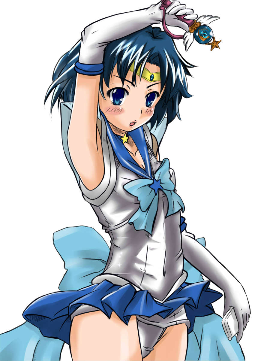1990s_(style) 1girl absurdres armpits arms_up bishoujo_senshi_sailor_moon bishoujo_senshi_sailor_moon_stars blue_sailor_collar blue_skirt brooch elbow_gloves female_focus gloves goggles highres jewelry k@non magical_girl mercury_symbol mizuno_ami panties pantyshot retro_artstyle sailor_collar sailor_mercury school_uniform serafuku short_hair skirt solo star_brooch super_sailor_mercury_(stars) underwear upskirt wand white_gloves