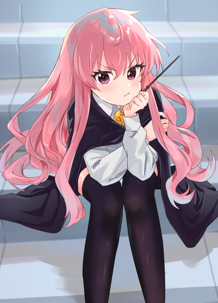 1girl absurdres black_cape black_thighhighs cape commentary_request feet_out_of_frame hand_on_own_chin highres holding holding_wand long_hair long_sleeves looking_at_viewer louise_francoise_le_blanc_de_la_valliere pink_eyes pink_hair shirt sitting sitting_on_stairs solo stairs thighhighs wand white_shirt yamada_seimei zero_no_tsukaima