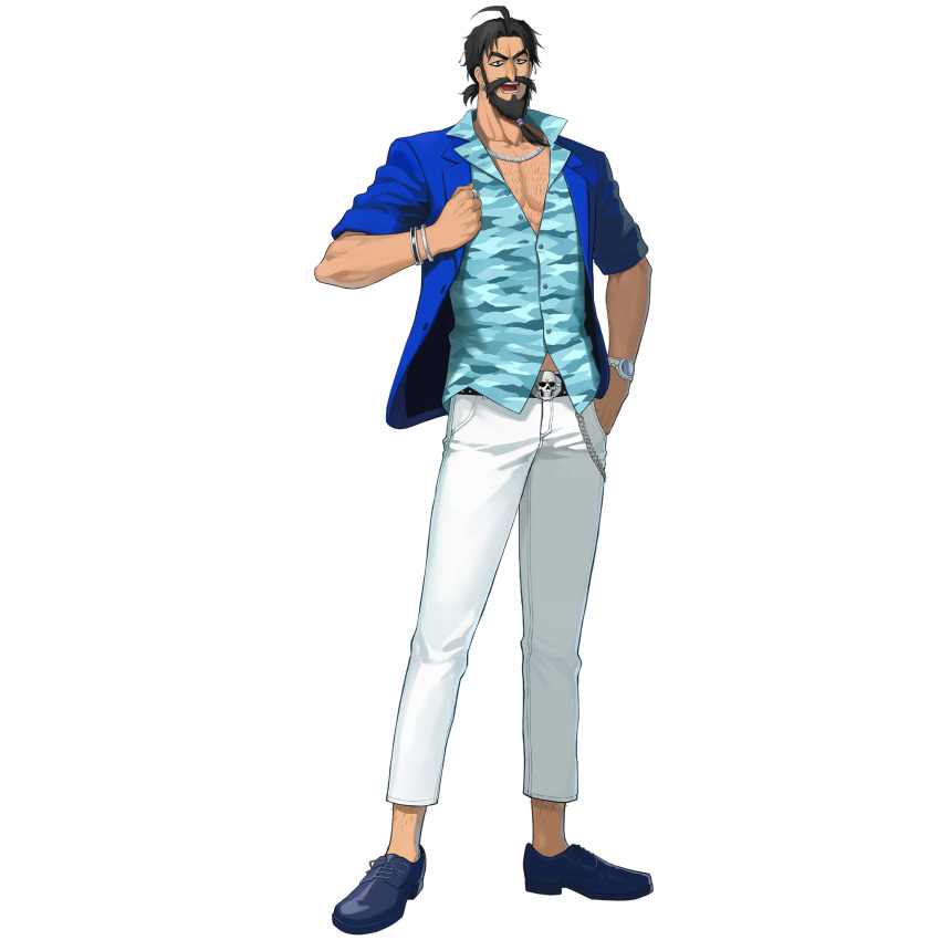 1boy ahoge b_suke beard black_eyes black_hair blue_jacket blue_shirt bracelet chest_hair collared_shirt earrings edward_teach_(fate) edward_teach_(midsummer_gentleman)_(fate) facial_hair fate/grand_order fate_(series) full_body game_cg hand_in_pocket highres jacket jewelry looking_at_viewer male_focus mustache necklace official_art open_mouth pants ponytail ring shirt shoes short-sleeved_jacket short_ponytail short_sleeves skull_belt smile solo standing tachi-e tied_beard transparent_background watch white_pants wristwatch
