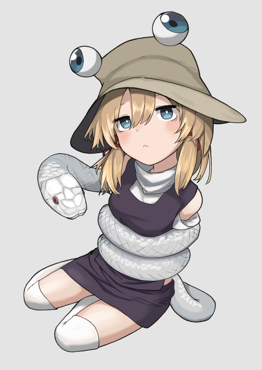 1girl :&lt; absurdres animal blonde_hair blue_eyes blush brown_hat bucket_hat closed_mouth frown full_body grey_background grey_hat hair_between_eyes hat highres looking_at_viewer medium_hair mishaguji moriya_suwako neritch purple_skirt purple_vest pyonta ringed_eyes simple_background sitting skirt snake solo thighhighs touhou vest white_snake white_thighhighs