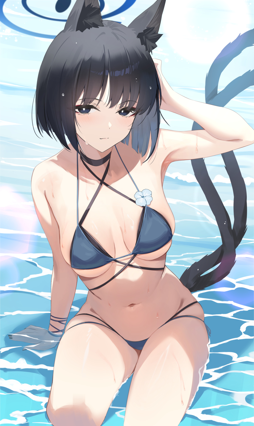 1girl absurdres animal_ears arm_up bikini black_choker black_hair blue_archive blue_bikini blue_halo blush breasts bright_pupils choker closed_mouth commentary_request halo highres kakumayu kikyou_(blue_archive) kikyou_(swimsuit)_(blue_archive) large_breasts looking_at_viewer multiple_tails navel official_alternate_costume short_hair smile solo stomach swimsuit tail thighs underboob water wet white_pupils