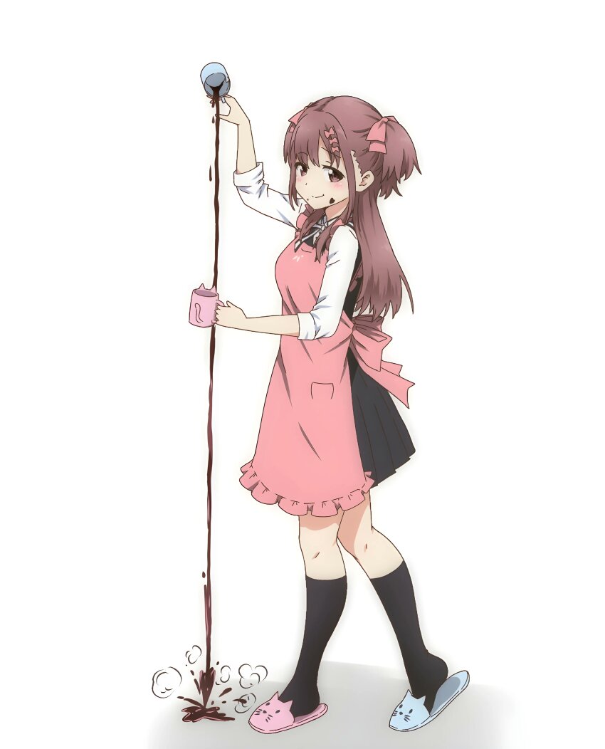 1girl 22/7 absurdres apron black_dress black_socks bow brown_eyes brown_hair cat_slippers chocolate chocolate_on_face closed_mouth coffee_mug cup dress food food_on_face from_side hair_bow hair_ornament highres hitorilily holding holding_cup keisanchuu_new_costume kneehighs long_hair looking_at_viewer mug pinafore_dress pink_apron pink_bow pleated_dress sera_honoka shirt shirt_under_dress simple_background sleeveless sleeveless_dress sleeves_rolled_up smile socks solo spilling two_side_up white_background white_shirt