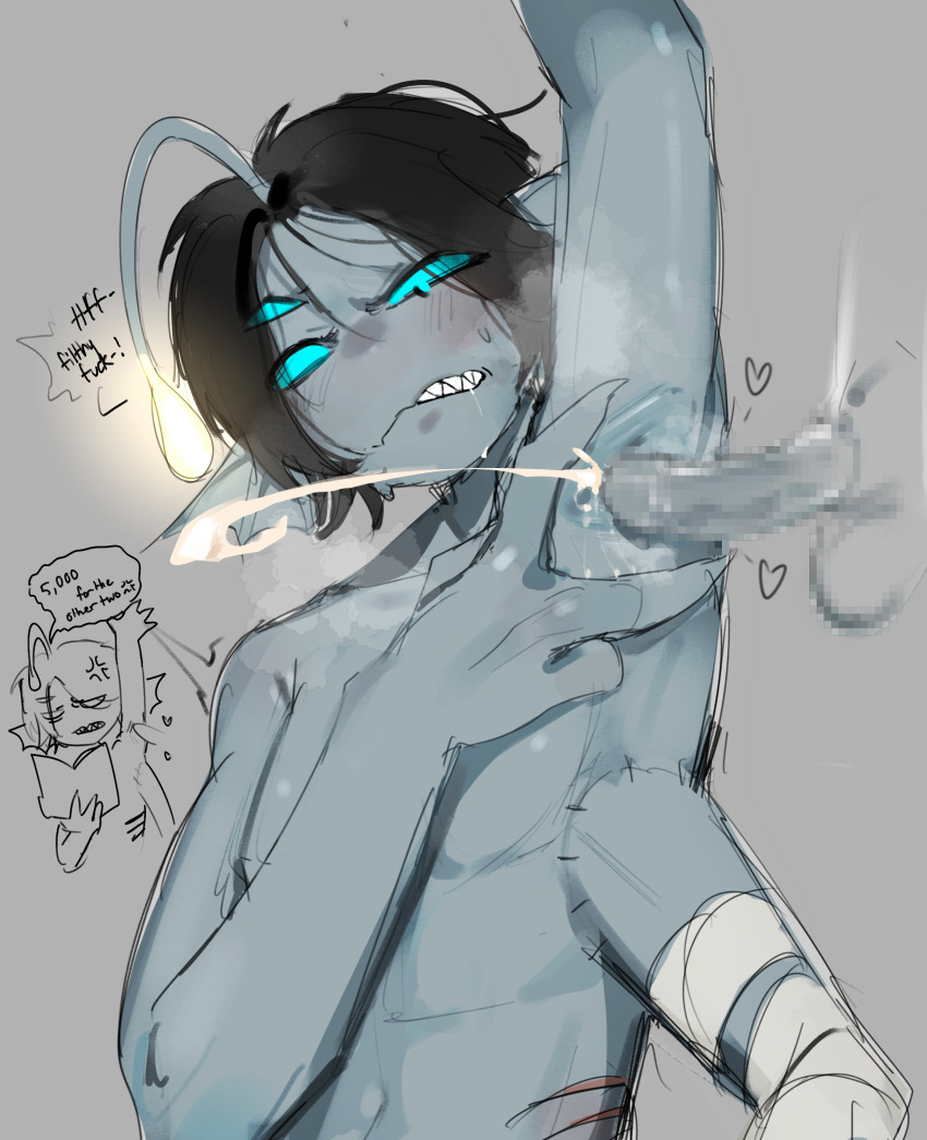 2boys anger_vein anglerfish anglerfish_boy arm_up armpit_sex armpitjob armpits artist_request bandaged_arm bandages black_hair blue_scales blue_sclera blue_skin blush censored chibi chibi_inset claws clenched_teeth colored_sclera colored_skin completely_nude crying crying_with_eyes_open cum disgust english_text erection extra_arms extra_eyes fingernails fins fish gills glowing hand_up head_fins heart heavy_breathing highres insult merfolk merman monster_boy multiple_boys navel nude parted_bangs penis player_character_(roblox) presenting_armpit pressure_(roblox) roblox sea_snake sebastian_solace sharp_fingernails sharp_teeth short_hair spread_armpit steaming_body sweat tears teeth testicles third_eye yaoi