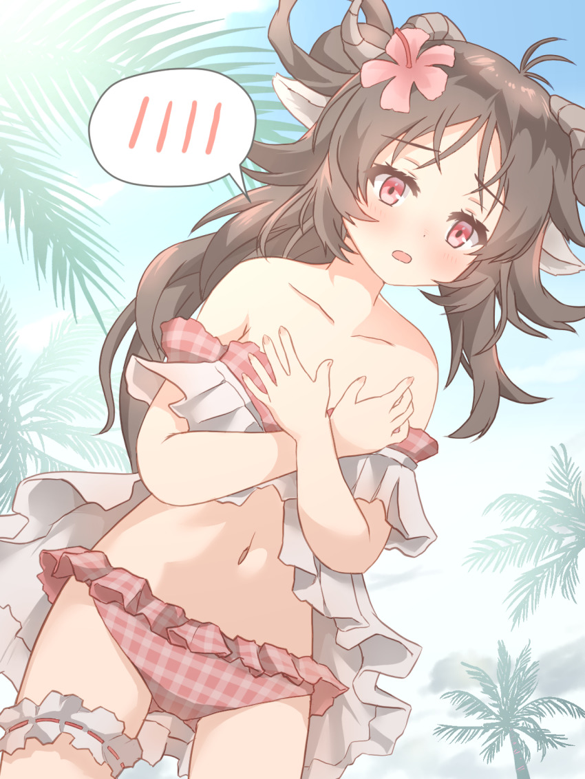 1girl animal_ears arknights bikini blue_sky blush brown_hair collarbone covering_breasts covering_privates cowboy_shot day dress dutch_angle eyjafjalla_(arknights) eyjafjalla_(summer_flower)_(arknights) flower frilled_thigh_strap hair_flower hair_ornament hands_up highres horns long_hair looking_at_viewer navel off-shoulder_dress off_shoulder official_alternate_costume open_mouth outdoors palm_tree pink_bikini pink_eyes pink_flower plaid_bikini plaid_clothes sarong sheep_ears sheep_girl sheep_horns sky solo speech_bubble spoken_blush swimsuit thigh_strap tififox tree white_sarong