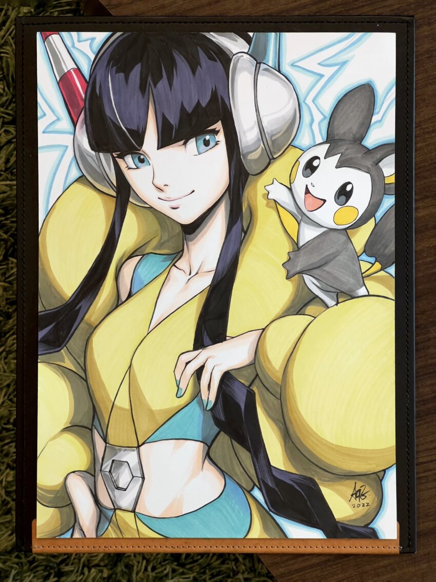 2022 animal_ears artist_name black_hair blue_eyes dot_nose electricity elesa_(pokemon) emolga gen_5_pokemon happy headphones highres nintendo open_mouth photo_(medium) pokemon pokemon_(creature) pokemon_bw2 smile stanley_lau tail