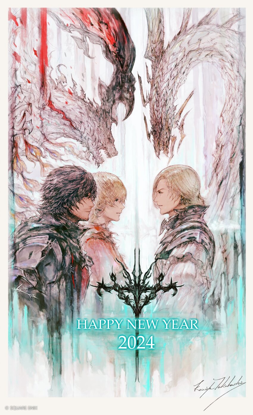 2024 3boys absurdres bahamut_(final_fantasy) beard beard_stubble blonde_hair brothers clive_rosfield dion_lesage facial_hair fangs final_fantasy final_fantasy_xvi happy_new_year highres horns ifrit_(final_fantasy) joshua_rosfield multiple_boys new_year official_art phoenix_(final_fantasy) siblings stubble takahashi_kazuya upper_body