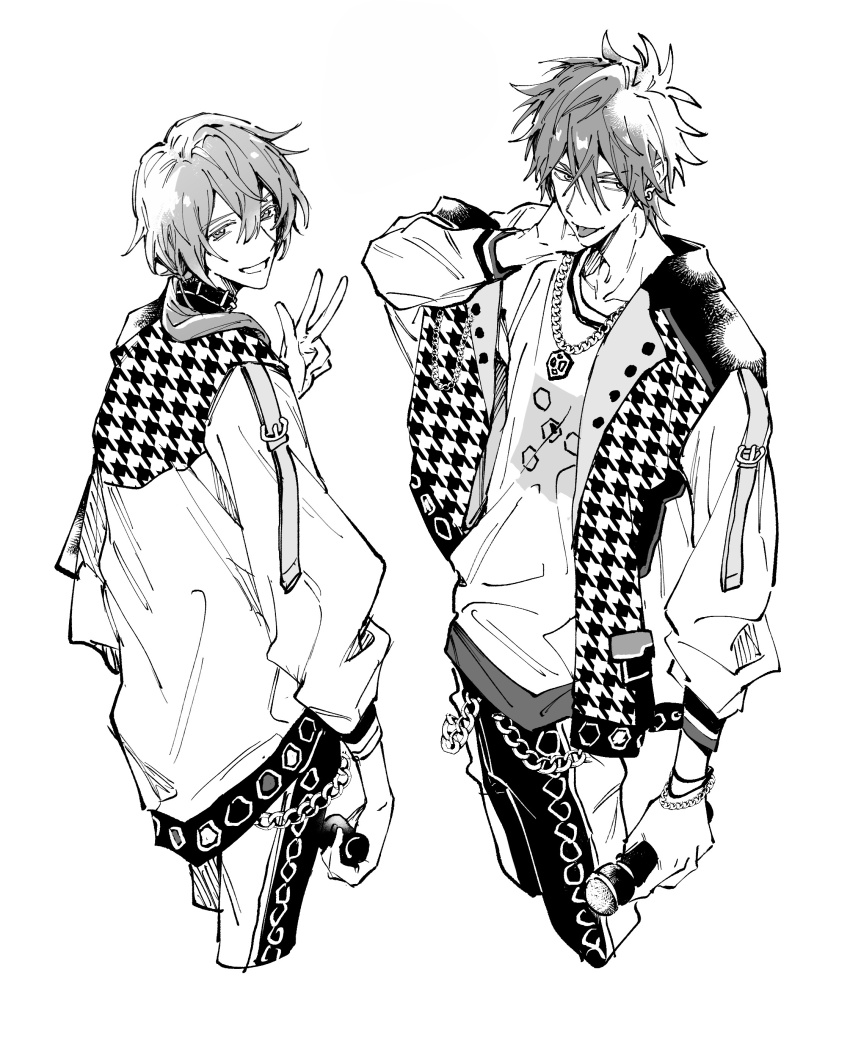 2boys :p absurdres amagi_rinne arm_at_side belt_collar chain chinese_commentary collar collarbone commentary_request cropped_legs double-parted_bangs ensemble_stars! greyscale grin hair_between_eyes hand_on_own_face hand_up hexagon_print highres holding holding_microphone jacket jewelry long_sleeves looking_at_viewer looking_back low_ponytail male_focus medium_hair microphone monochrome multiple_boys necklace open_clothes open_jacket pants ponytail print_jacket puffy_long_sleeves puffy_sleeves shiina_niki shirt short_hair simple_background sleeve_cuffs smile suminase tongue tongue_out turning_head unmoving_pattern untucked_shirt very_short_hair w white_background