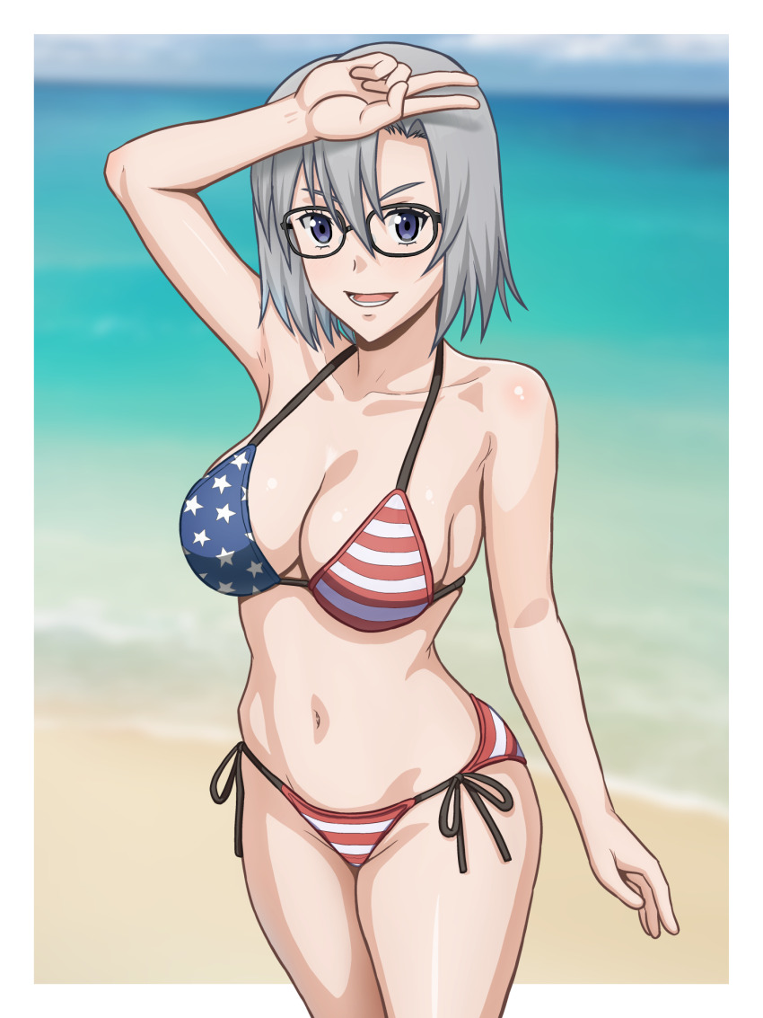 1girl american_flag american_flag_bikini american_flag_print beach bikini blue_sky breasts cloud commission day ehou_mangan flag_print flag_print_bikini glasses grey_hair highres horizon large_breasts navel ocean original outdoors print_bikini short_hair side-tie_bikini_bottom skeb_commission sky solo standing swimsuit v v_over_head
