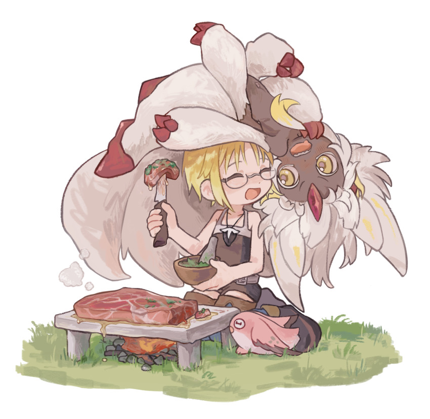 2girls ^_^ bare_arms bare_shoulders blonde_hair blush body_fur boots bowl brown_footwear campfire child claws closed_eyes collarbone colored_eyelashes cooking creature dark-skinned_female dark_skin extra_arms facing_another faputa fewer_digits fire food from_side full_body glasses grass haiyan_cha happy highres holding holding_bowl holding_knife horns knife light_blush looking_at_another made_in_abyss meat medium_hair meinya_(made_in_abyss) monster_girl multicolored_hair multiple_girls multiple_tails navel on_grass on_head open_mouth outdoors person_on_head red_horns riko_(made_in_abyss) romper seiza semi-rimless_eyewear sharp_teeth short_hair simple_background sitting smile smoke streaked_hair tail teeth thigh_boots two-tone_hair under-rim_eyewear upper_teeth_only whistle whistle_around_neck white_background white_fur white_hair yellow_eyes
