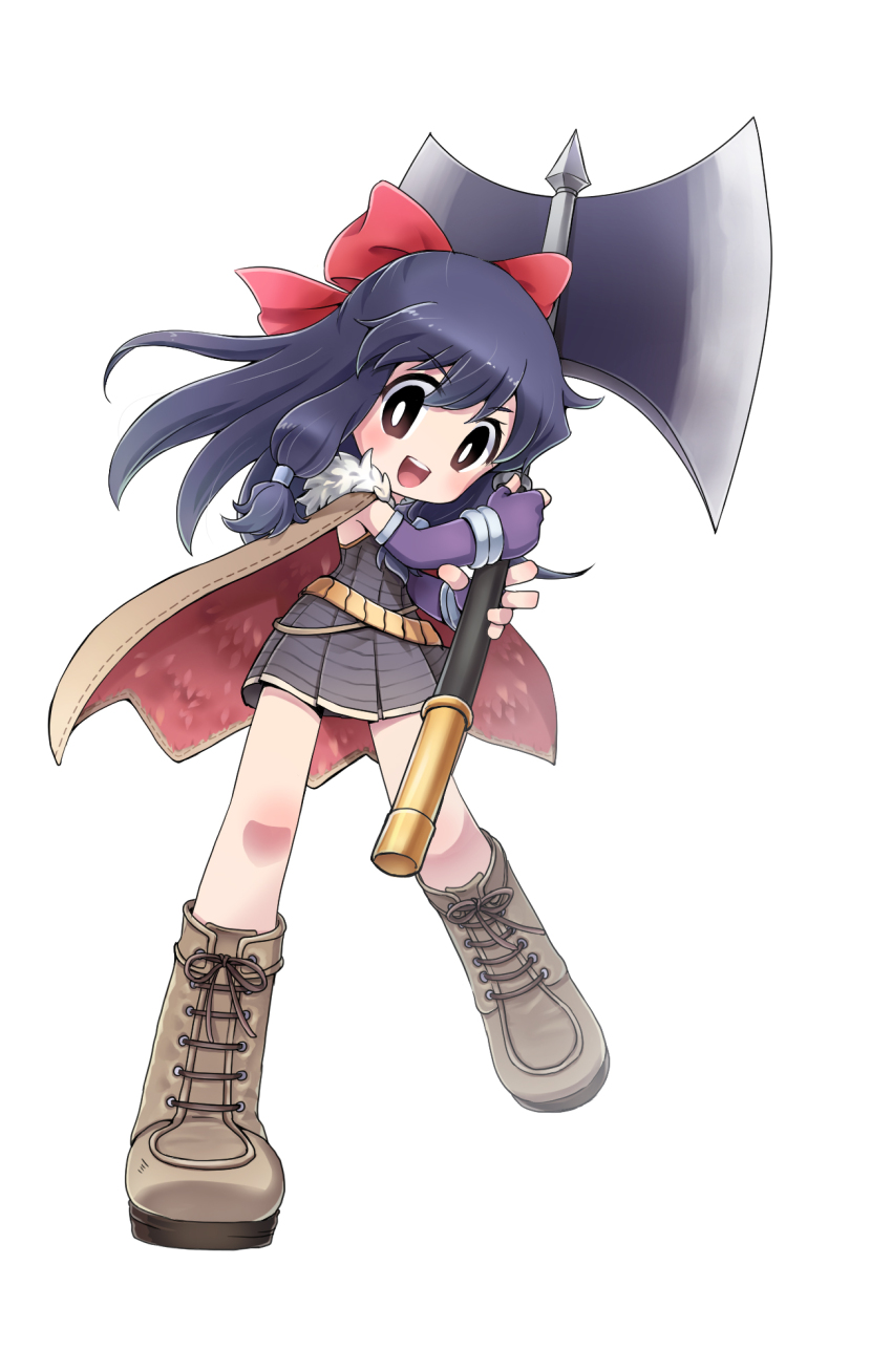 1girl alchemist_(ragnarok_online) axe black_hair blush boots bow brown_boots brown_cape brown_eyes cape commentary_request dress elbow_gloves fingerless_gloves full_body fur_collar gloves grey_dress hair_bow highres holding holding_axe long_hair looking_at_viewer open_mouth purple_gloves ragnarok_online red_bow simple_background smile solo strapless strapless_dress white_background yuru4u